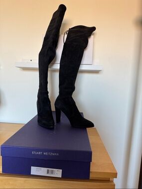 Stuart Weitzman Black Suede Over-the-Knee Heeled Boots - Pointed Toe